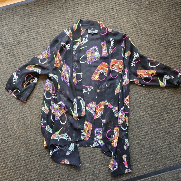 Slinky Brand Printed Kimono Cardigan Cover-up Plus 1X Black USA Black Purse Shoe - Picture 1 of 4